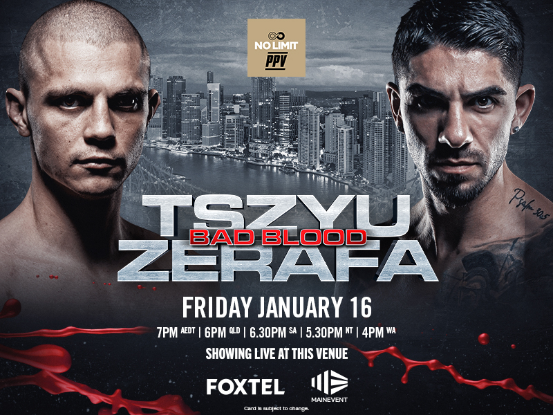 Featured image for “Tszyu vs Zerafa: Bad Blood Live at Club Lake Cathie”