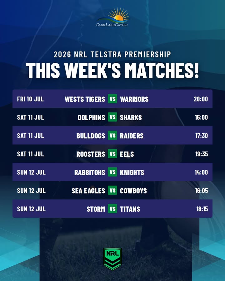 Featured image for “2026 NRL Telstra Premiership This Week’s Matches at Club Lake Cathie”