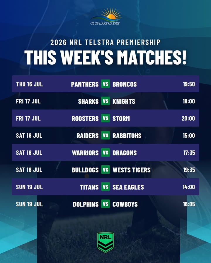 Featured image for “2026 NRL Telstra Premiership This Week’s Matches at Club Lake Cathie”