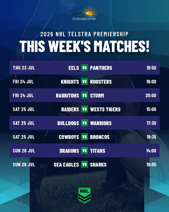 Featured image for “2026 NRL Telstra Premiership This Week’s Matches at Club Lake Cathie”