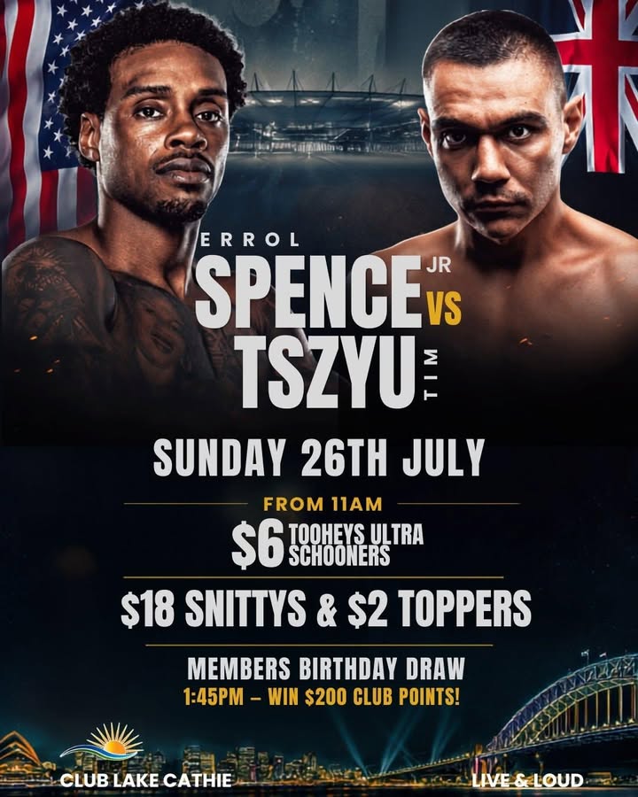 Featured image for “Tim Tszyu vs Errol Spence Jr. Live at Club Lake Cathie”