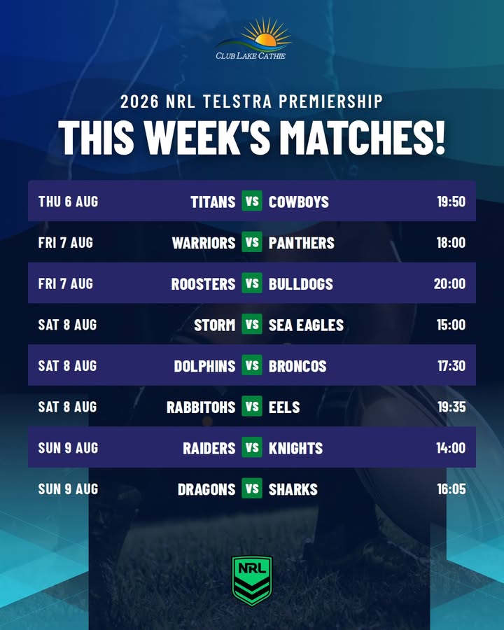 Featured image for “2026 NRL Telstra Premiership This Week’s Matches at Club Lake Cathie”