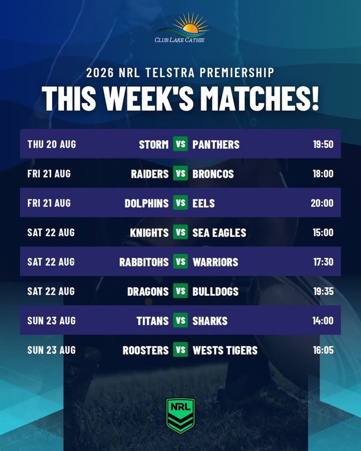 Featured image for “2026 NRL Telstra Premiership This Week’s Matches at Club Lake Cathie”