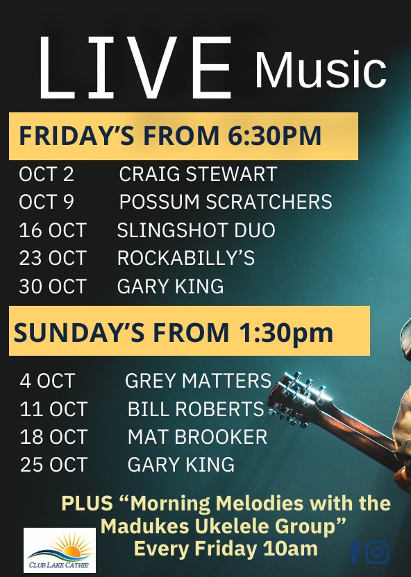 Featured image for “October Live Music Gig Guide at Club Lake Cathie”